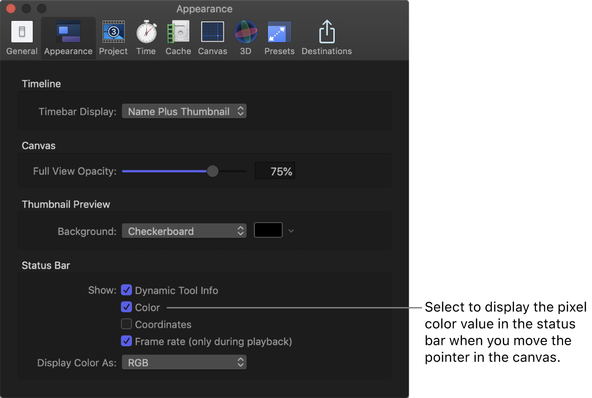 Motion Settings window showing Appearance pane with Color selected in Status Bar area.