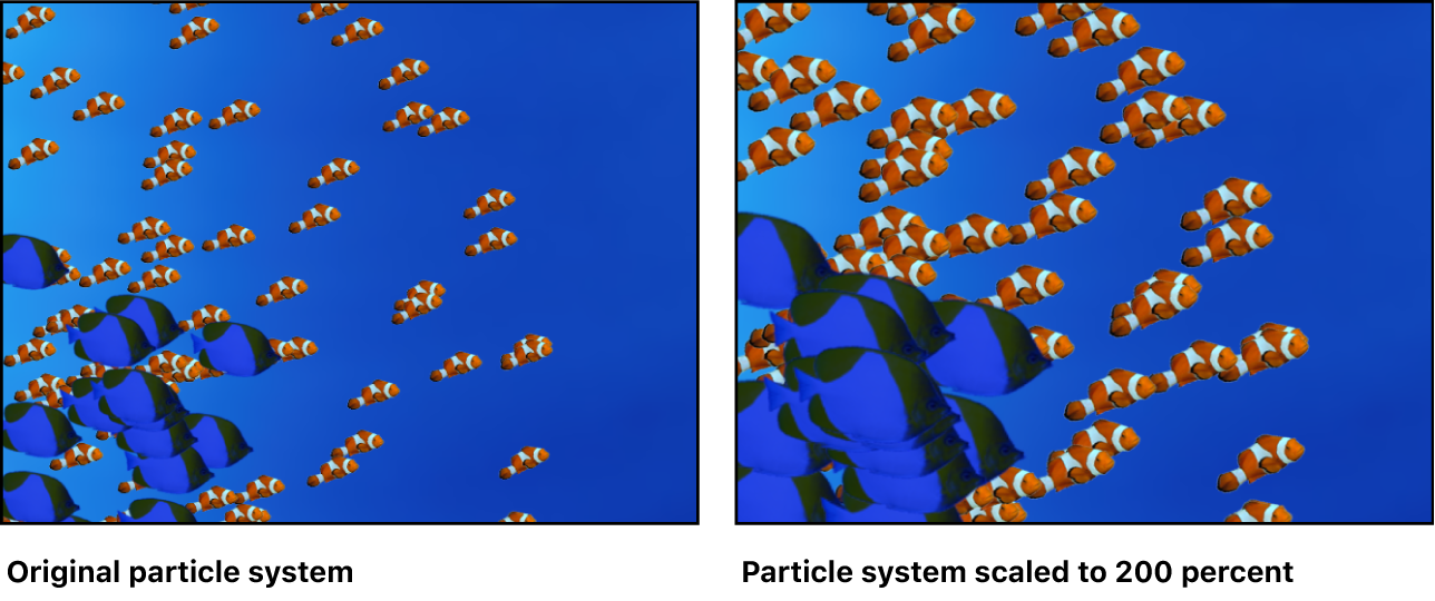 Canvas showing particle system with two cells, each scaled relative to its original size