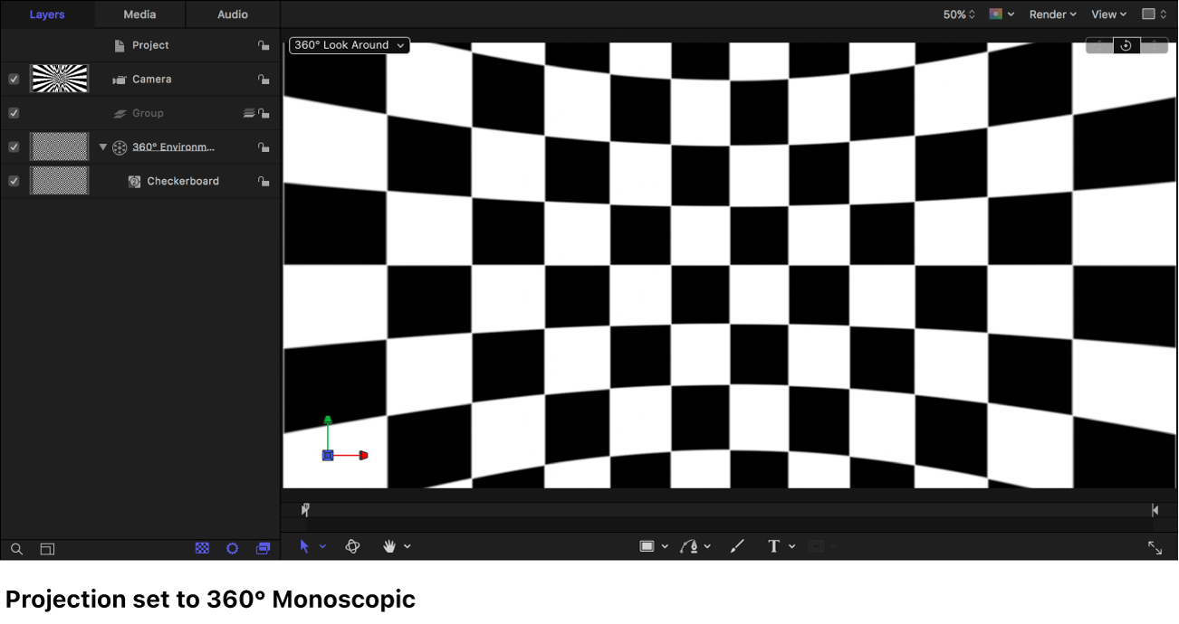 Canvas showing a Checkerboard generator displayed in 360° Monoscopic projection