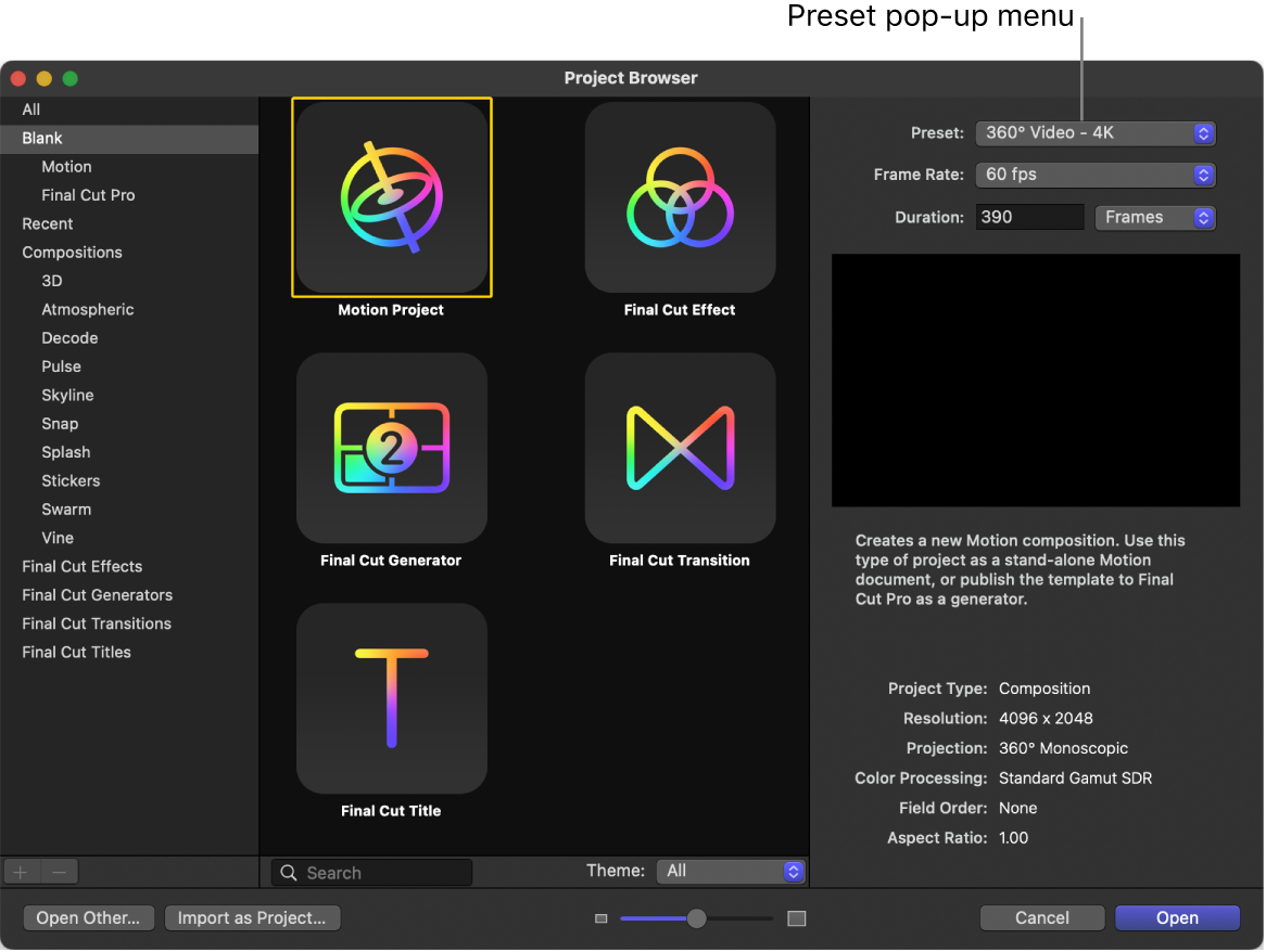 Preset pop-up menu in the Project Browser