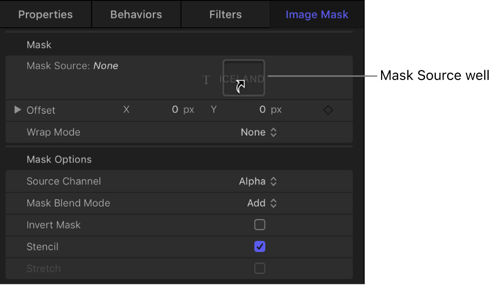 Image Mask Inspector showing object dragged to Mask Source image well