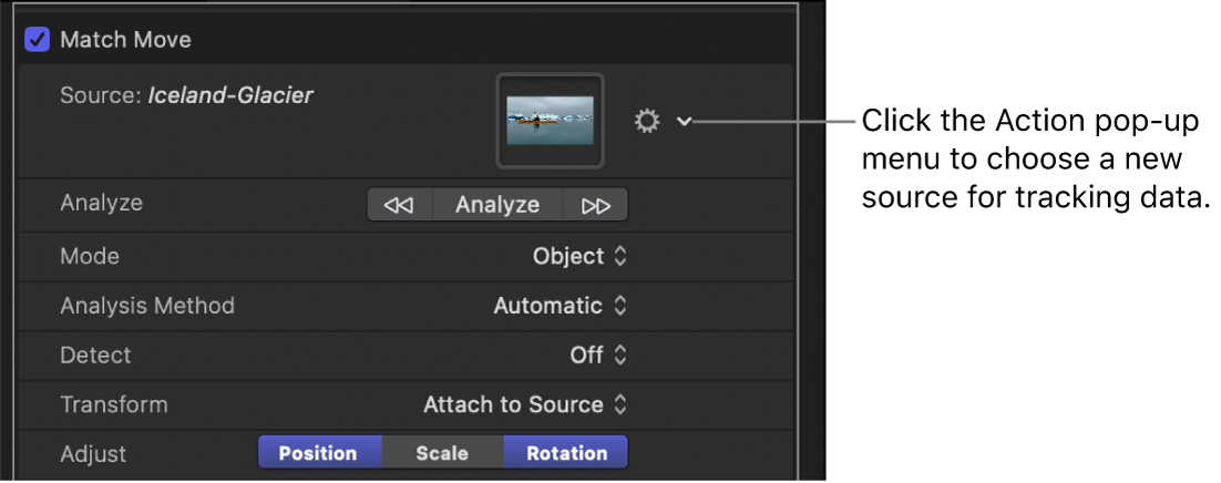 Behaviors Inspector showing Action pop-up menu in the Source parameter row