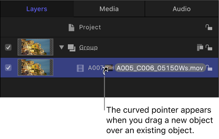 Layers list showing curved pointer used to exchange a layer