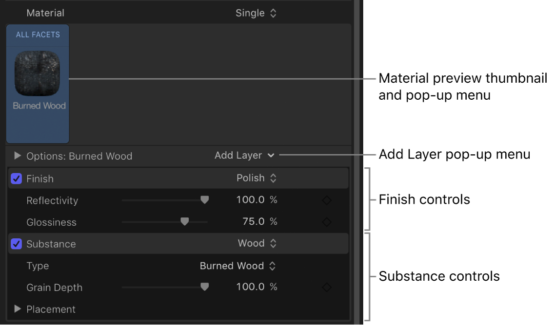 3D Text Inspector showing material with multiple layers