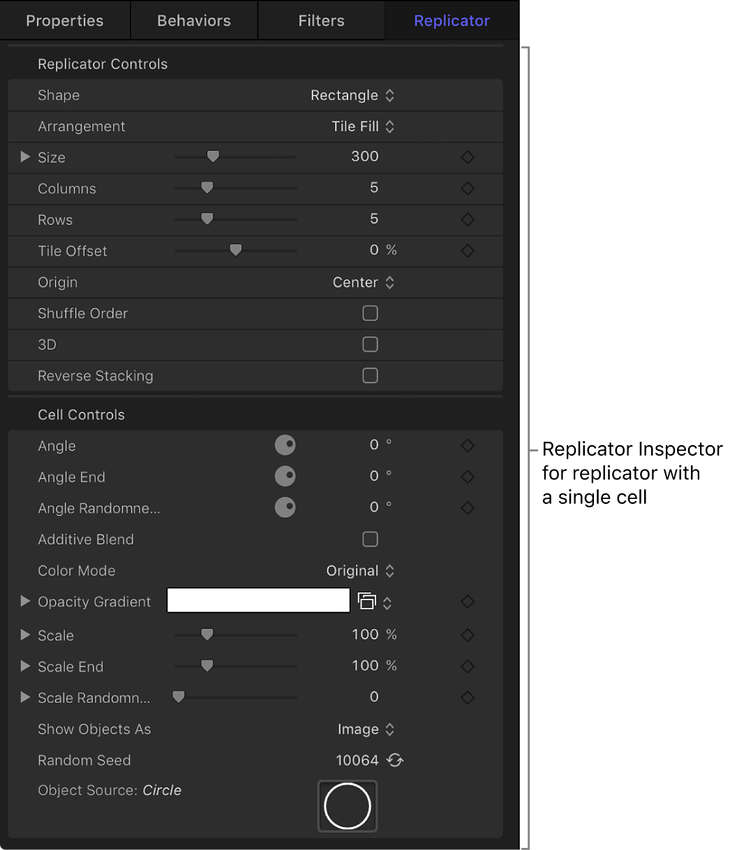 Replicator Inspector showing parameters for replicators with a single cell, or multiple cells