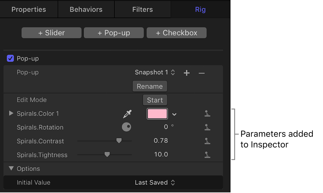 Parameters added to the Widget Inspector