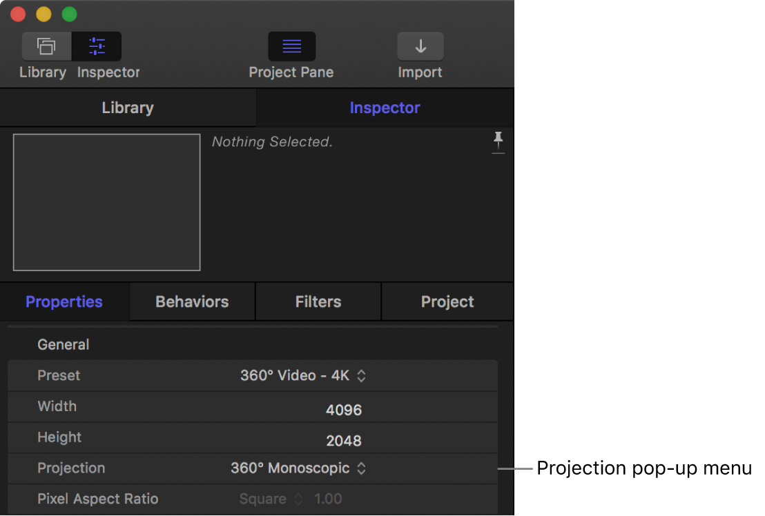 Projection pop-up menu in the Project Properties Inspector