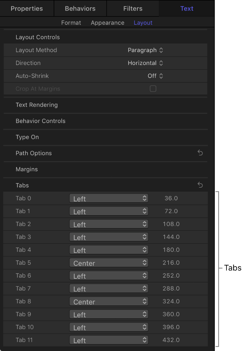 Text Inspector options for an imported RTF file with tabs