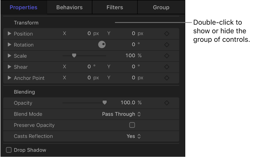 Inspector showing an open group of parameter controls and a closed group of parameter controls