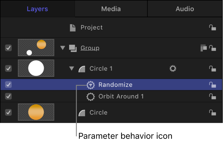 Layers list showing a parameter behavior applied to an object