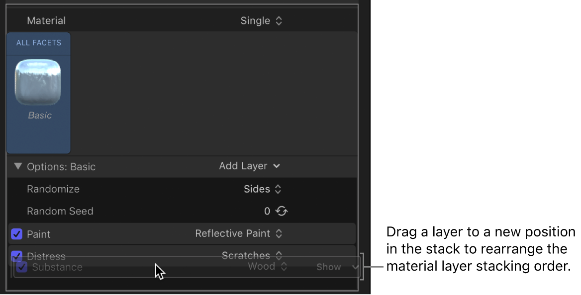 Dragging a material layer above another material layer in the Appearance pane of the Text Inspector