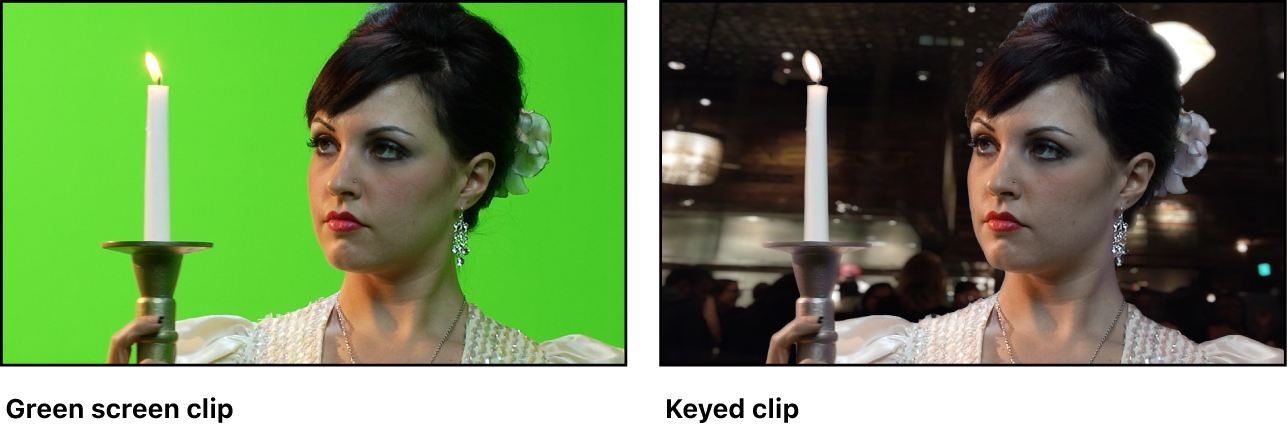 Comparison of green screen clip with same clip keyed over a background