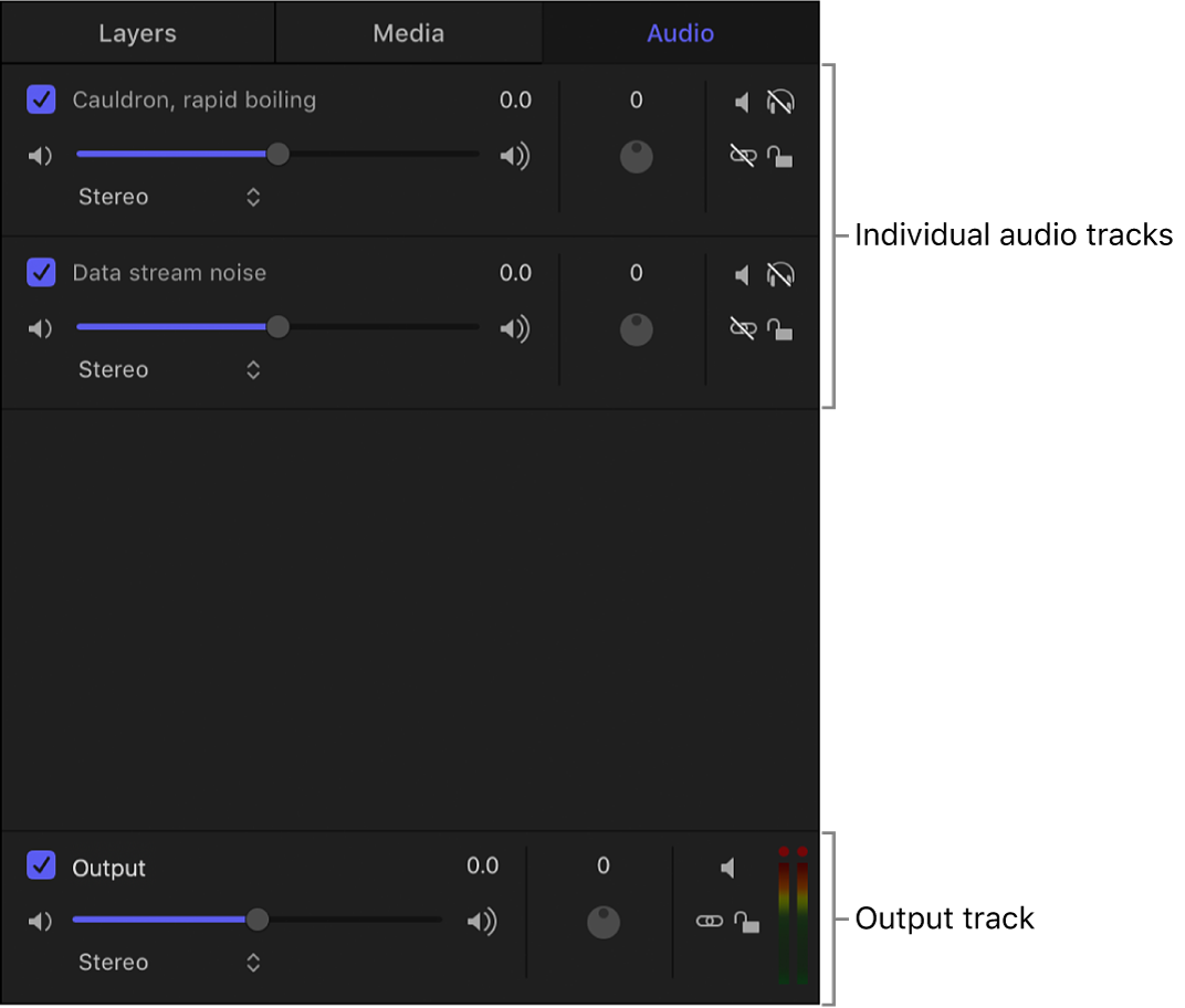 Panel del proyecto con la lista Audio