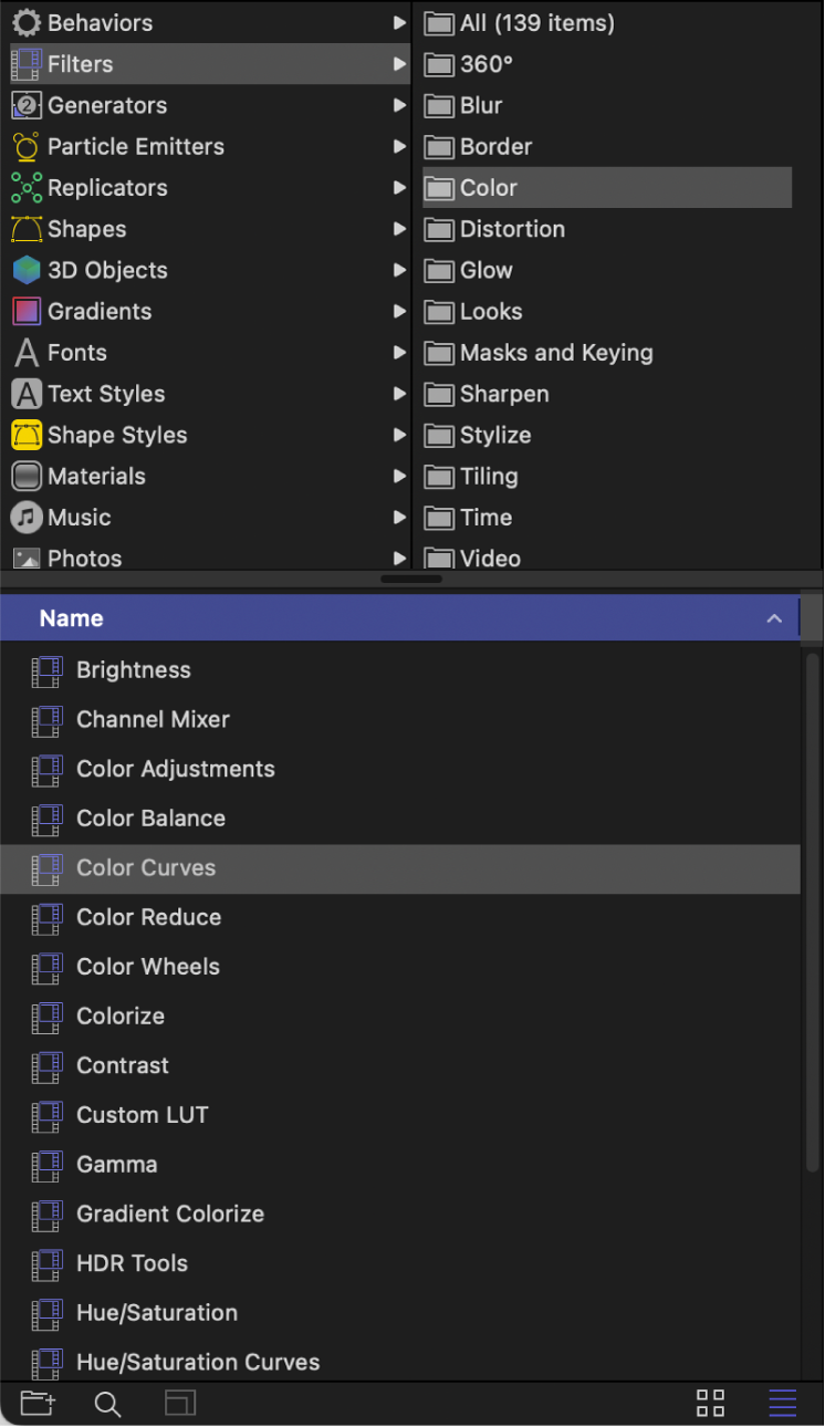 Categoría Color seleccionada en la biblioteca de filtros