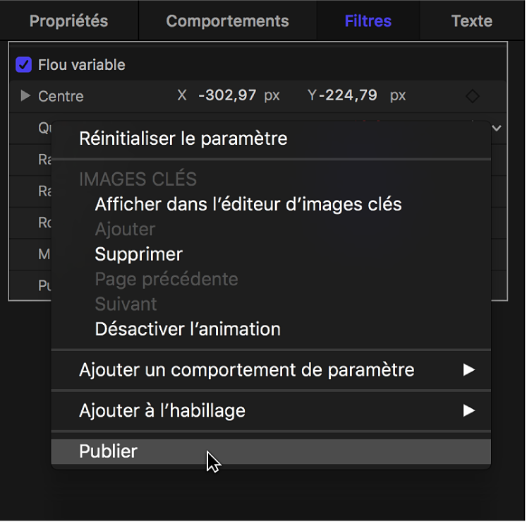 Publication d’un paramètre de filtre depuis un menu contextuel