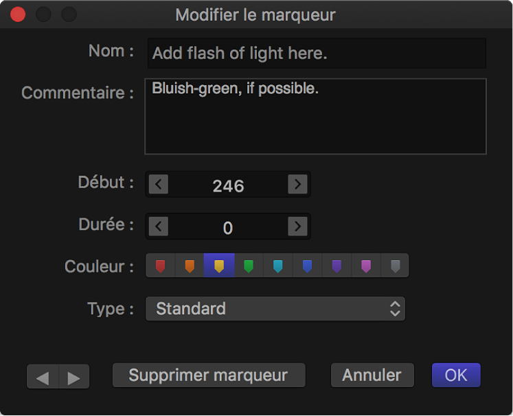 Zone de dialogue Modifier le marqueur