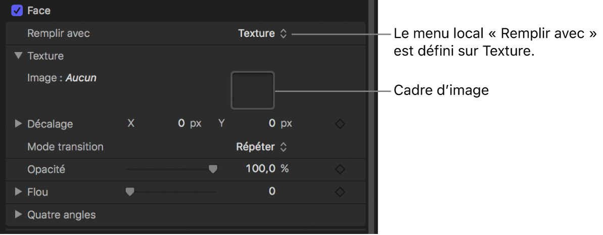 Inspecteur de texte avec paramètre « Remplir avec » du style de texte réglé sur Texture, révélant le cadre d’image