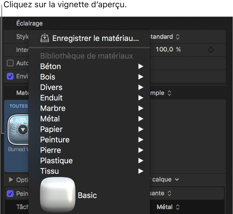 Options présentées lorsque vous cliquez sur la vignette d’aperçu Matériau dans la fenêtre Apparence de l’inspecteur de texte