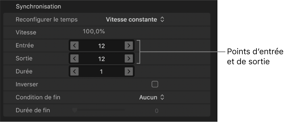 Paramètres Point d’entrée et Point de sortie dans les commandes Synchronisation au sein de l’inspecteur des propriétés