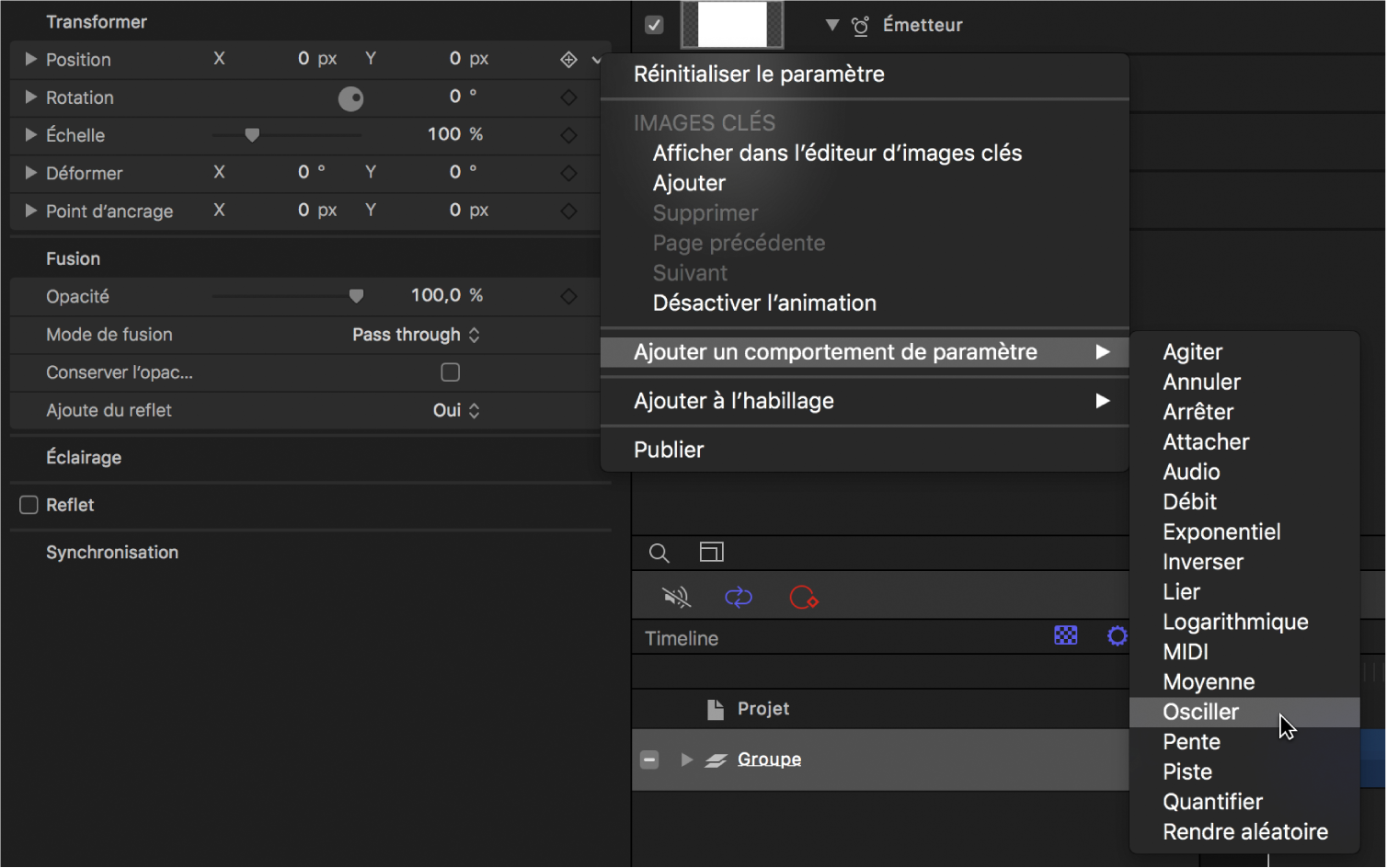 Sous-menu Ajouter un paramètre du menu Animation