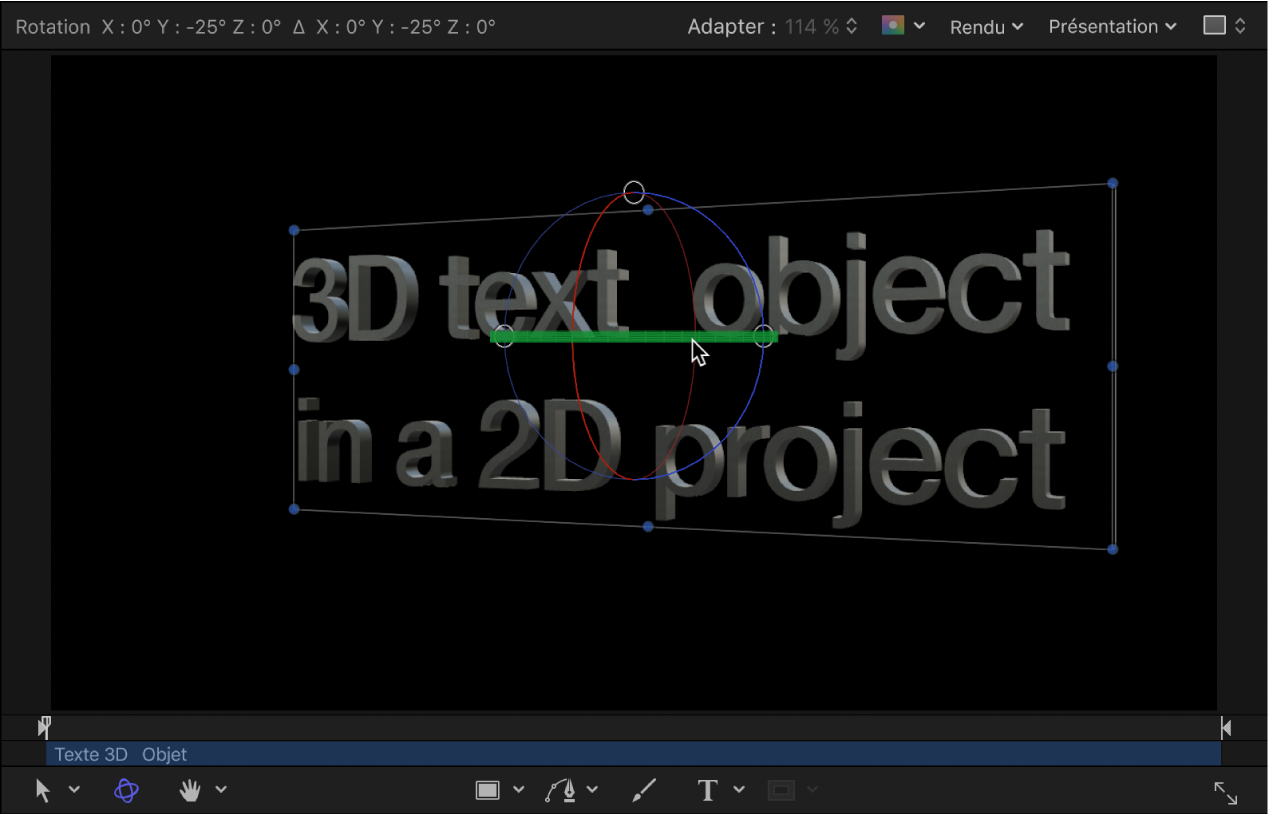 Canevas affichant un exemple de texte 3D en rotation dans un projet 3D