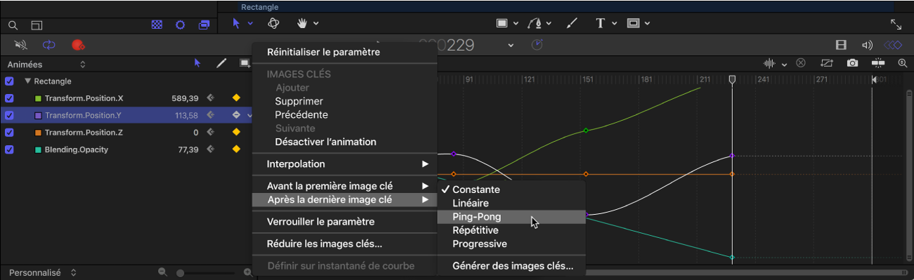 Éditeur d’images clés affichant le sous-menu « Avant la première image clé » du menu Animation