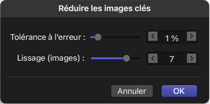 Zone de dialogue « Réduire les images clés »