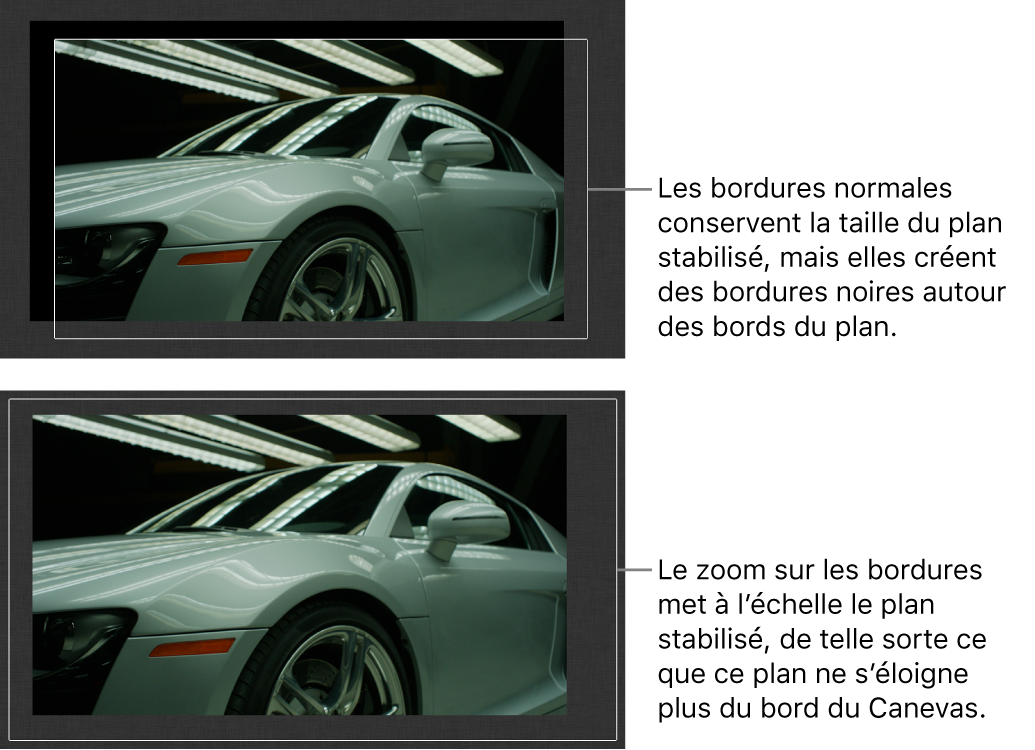 Canevas affichant le comportement Stabiliser appliqué à un plan et avec l’option Contours définie sur Normal, et cette même configuration avec l’option Contours définie sur Zoom