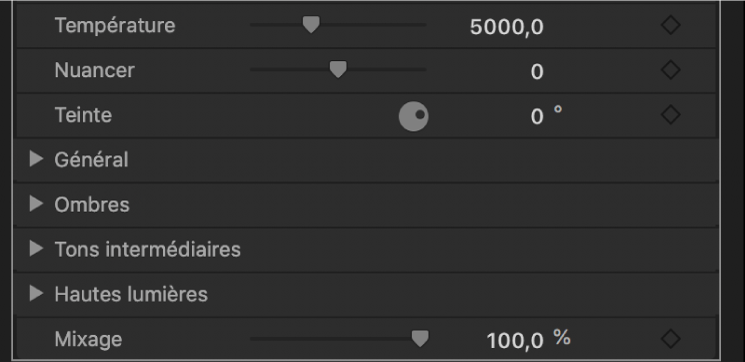 Commandes des roues des couleurs dans l’inspecteur de filtres