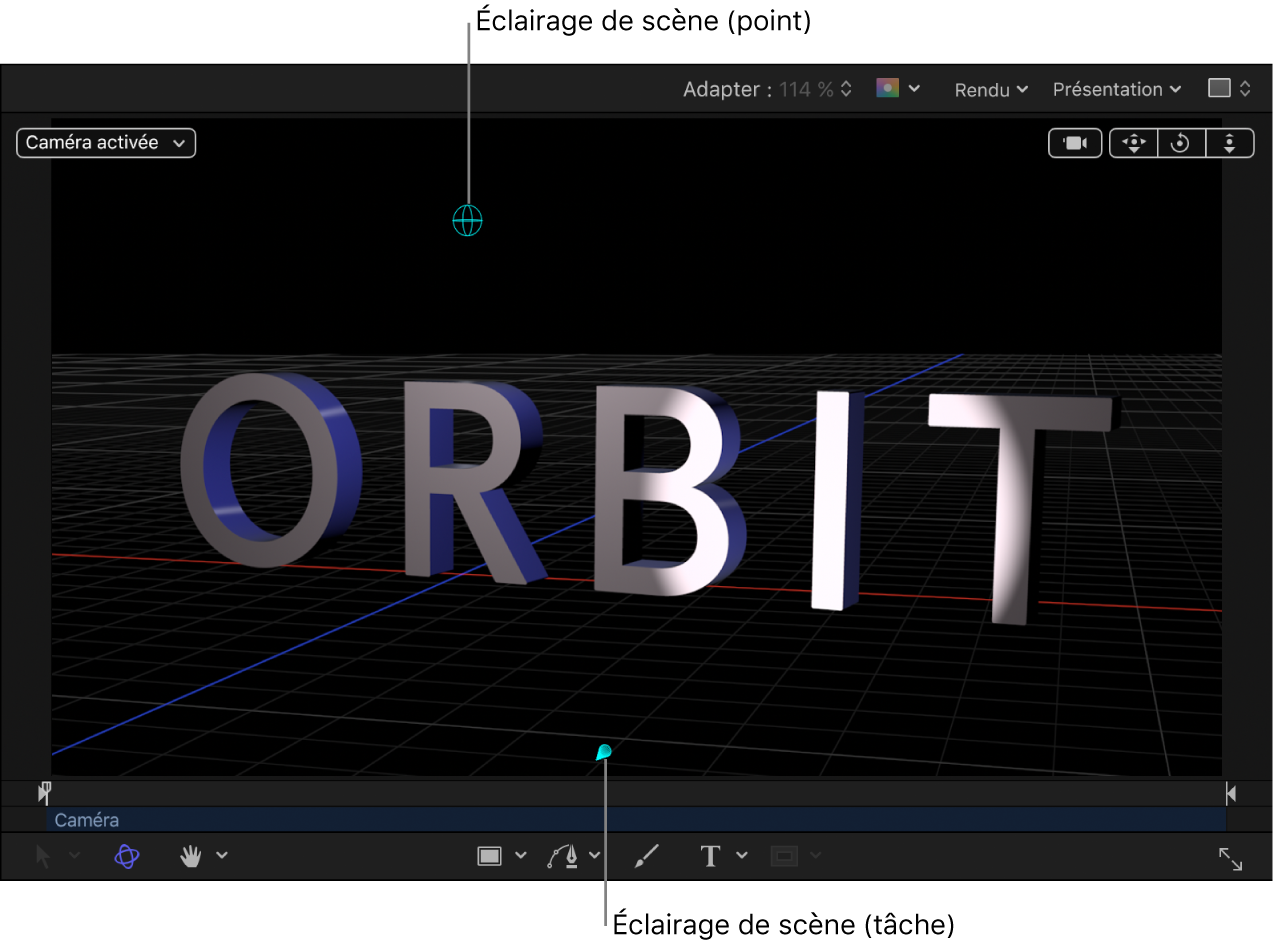 Canevas affichant un objet texte 3D avec une lumière de scène