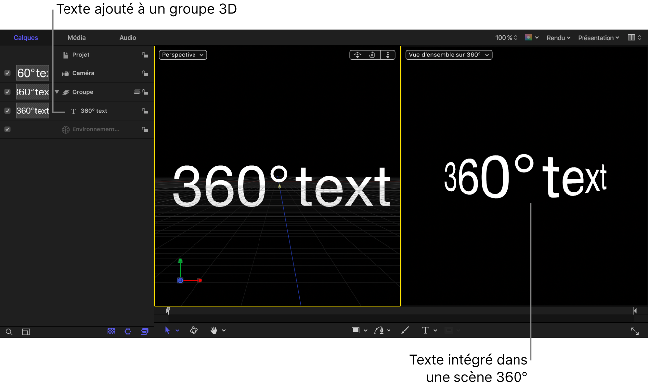 Texte ajouté à un objet Groupe du projet 360°