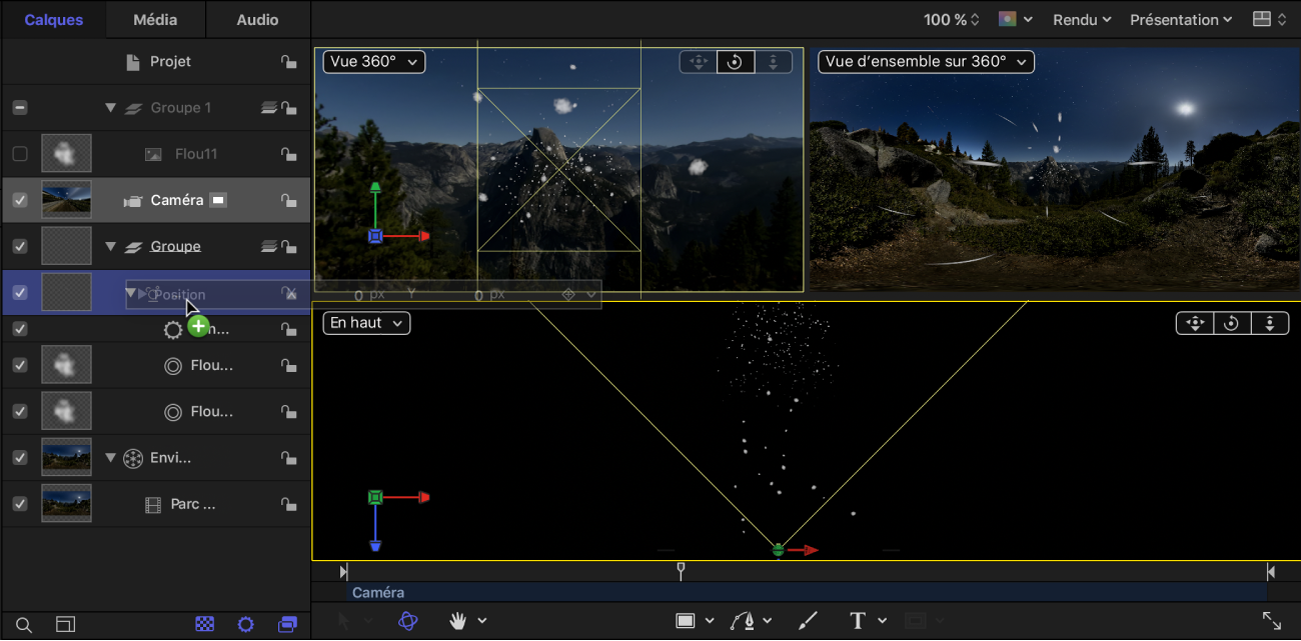 Glissement des paramètres Position de la caméra depuis l’inspecteur vers l’émetteur de particules dans la liste Calques