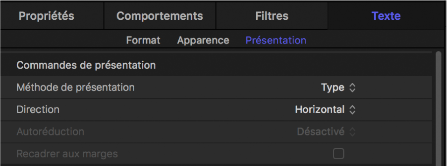 Commandes de présentation dans la fenêtre Présentation de l’inspecteur de texte