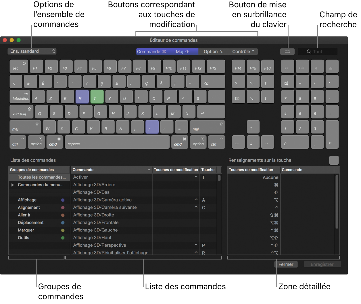 Éditeur de commandes affichant les options d’ensemble de commandes, les boutons de touche de modification, le bouton de mise en surbrillance du clavier, le champ de recherche, les groupes de commandes, la liste des commandes et la zone « Renseignements sur la touche »