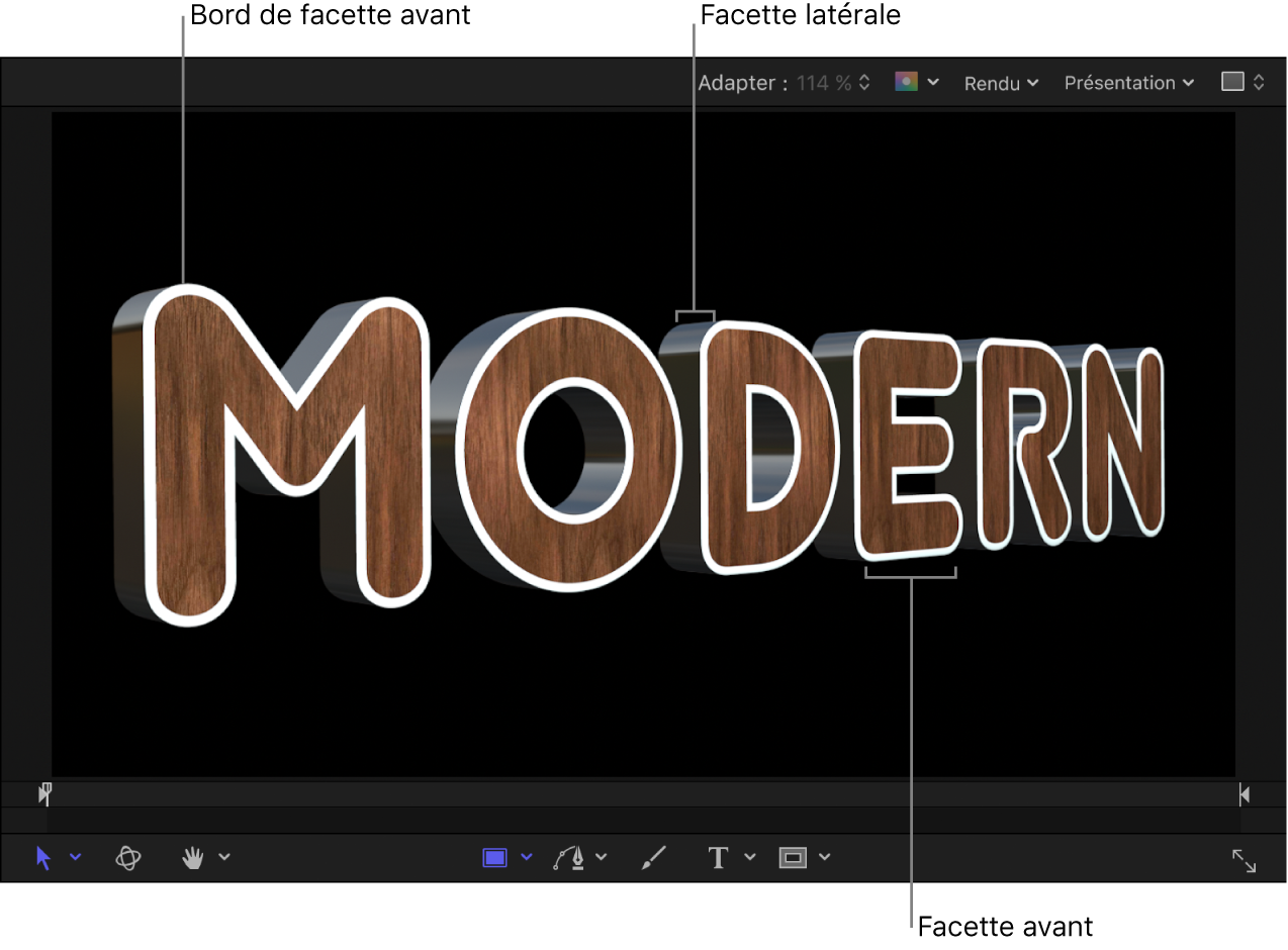 Texte 3D dans le canevas présentant une facette Bord avant blanche, une facette Côté en métal et une facette Avant en bois
