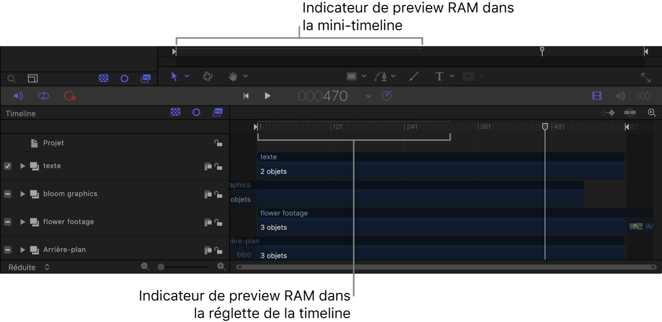 Mini-timeline et timeline montrant les indicateurs de preview RAM