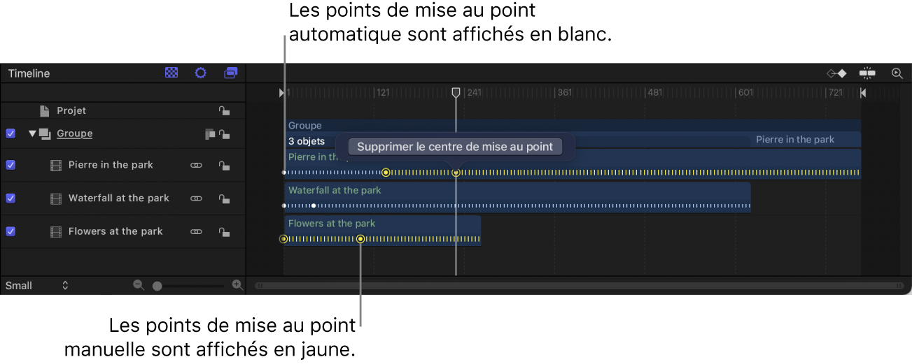 Plans vidéo en mode Cinématique dans la timeline avec des centres de mise au point automatiques blancs et des centres de mise au point manuels jaunes