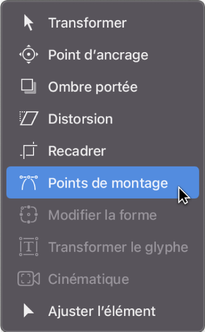 Sélection de l’outil Points de montage dans le menu local des outils de transformation de la barre d’outils du canevas