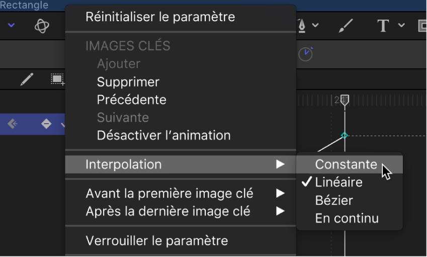 Changement de méthode d’interpolation d’un paramètre entier par le biais du menu Animation de l’éditeur d’images clés