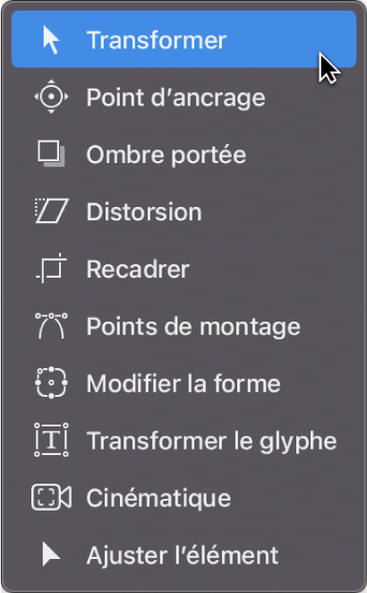 Menu local des outils de transformation