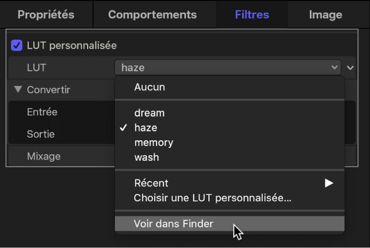 Inspecteur de filtres affichant l’option « Afficher dans le Finder » dans le menu local LUT