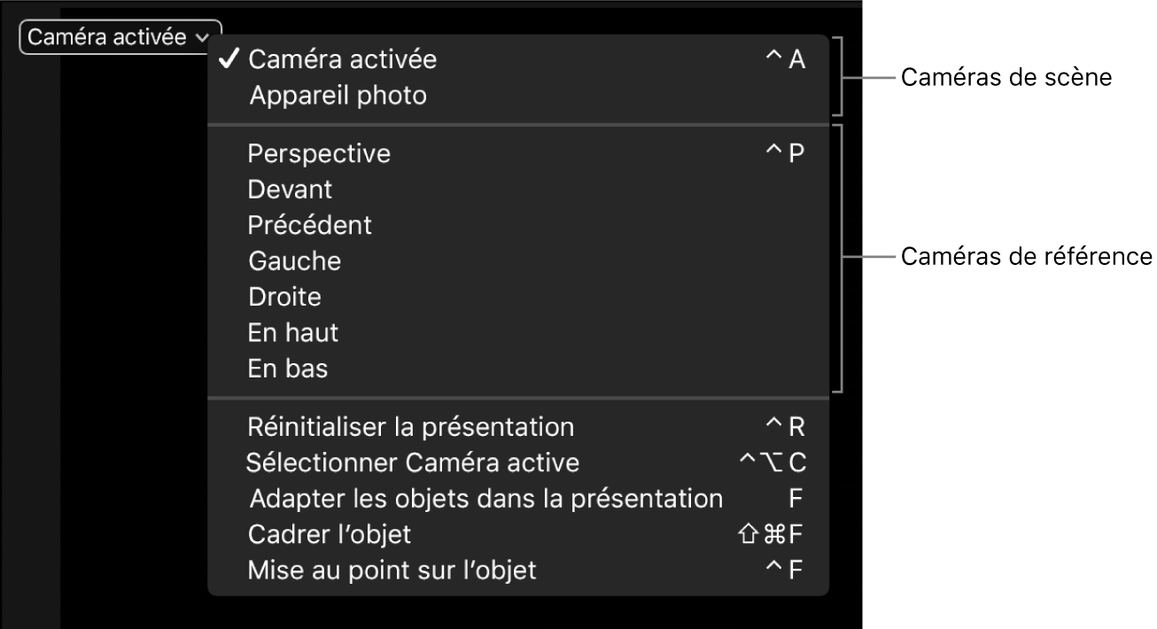 Menu Caméra affichant ses options