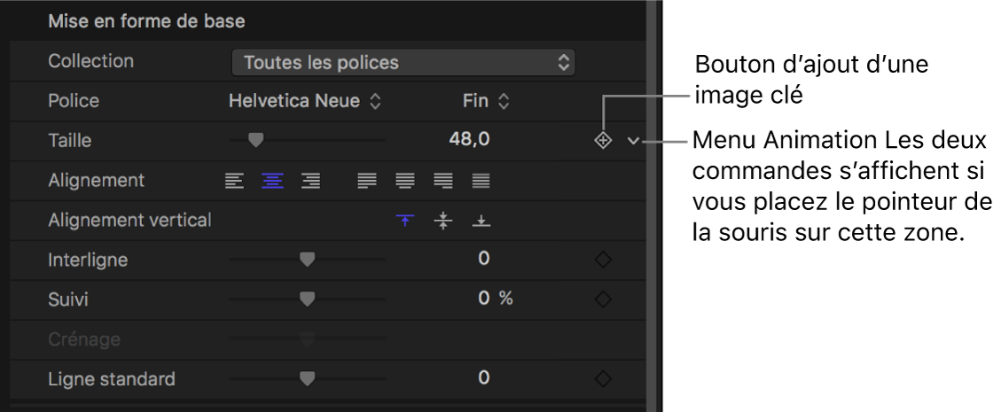 Icône du menu Animation dans l’inspecteur, pour le paramètre Taille du texte