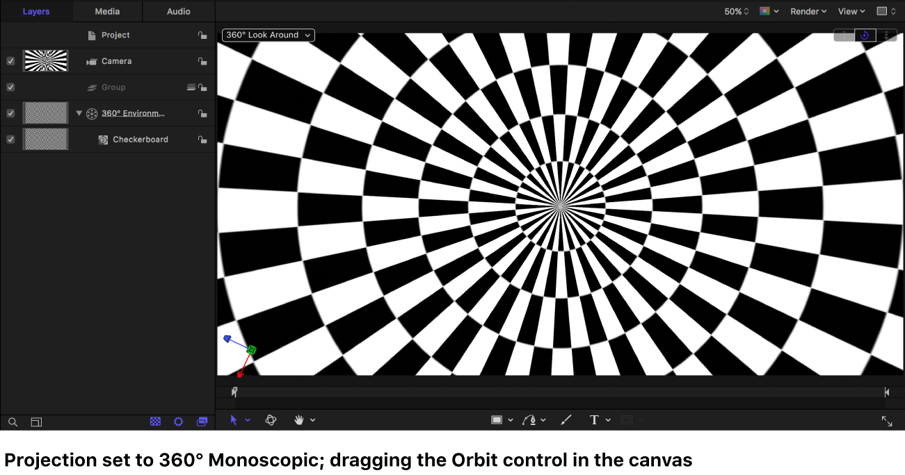궤도 제어기를 드래그하는 동안 360° 모노스코프 프로젝션으로 표시된 체커보드 생성기를 보여주는 캔버스