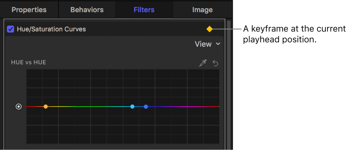 색조/채도 곡선 필터에 키 프레임을 표시하는 필터 인스펙터