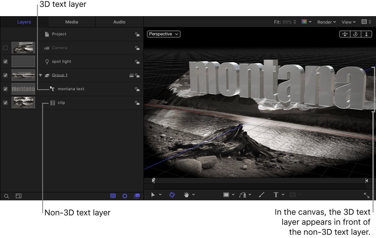 레이어 목록에서 비3D 텍스트 레이어 위의 3D 텍스트 레이어. 3D 텍스트 레이어가 캔버스의 3D 텍스트 레이어 뒤에 나타납니다.