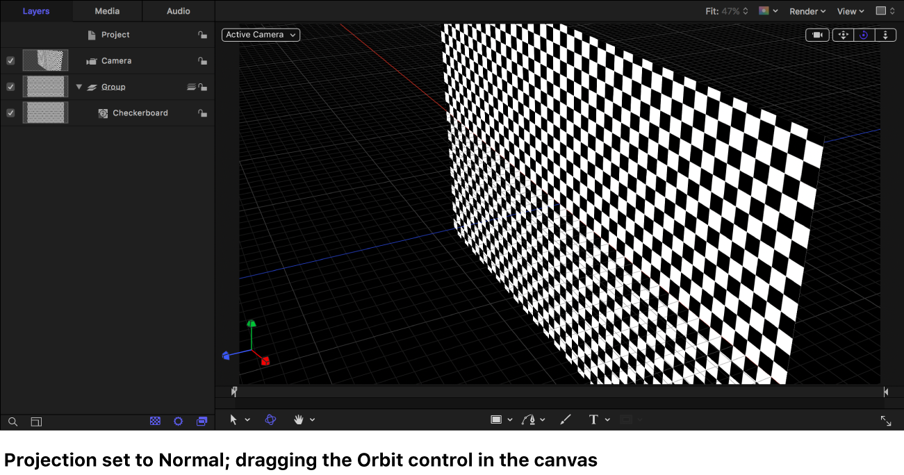 일반 프로젝션으로 표시된 체커보드 생성기를 도는 카메라를 보여주는 캔버스