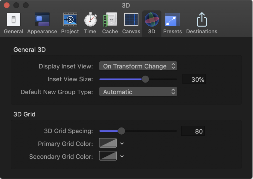 显示 3D 面板的 Motion “设置”窗口