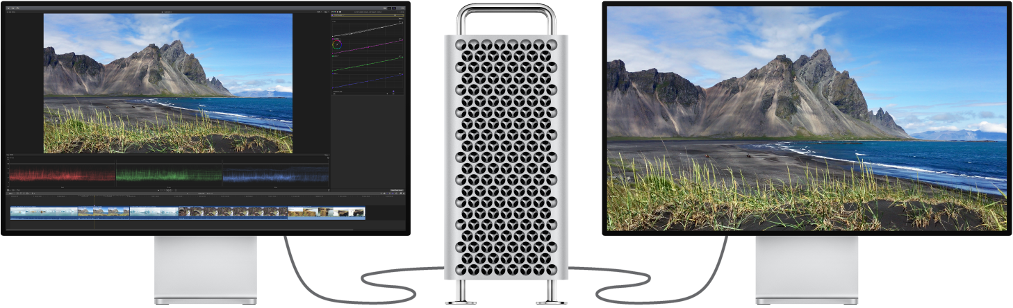 Ein Mac Pro mit einem angeschlossenen Pro Display XDR mit der Final Cut Pro-Bedienoberfläche und einem zweiten angeschlossenen Pro Display XDR, auf dem nur Viewer-Inhalte zu sehen sind