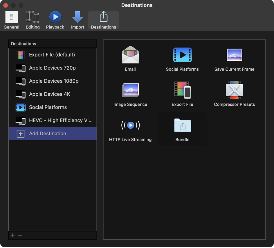 The Destinations pane of the Final Cut Pro Settings window